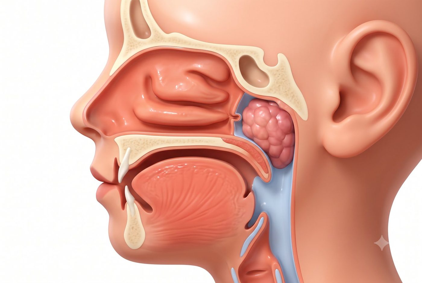 Ilustração de adenoide aumentada obstruindo a passagem do ar