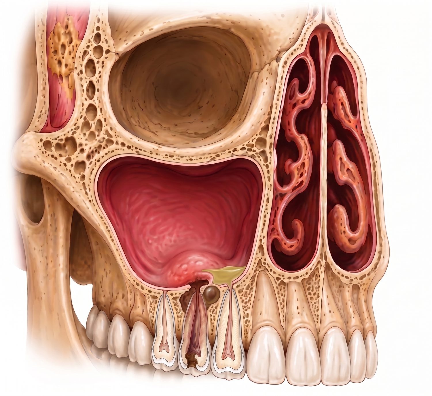O mesmo corte com um molar cariado, uma bolsa de infecção na ponta da raiz e a mucosa do seio inflamada acima dela.