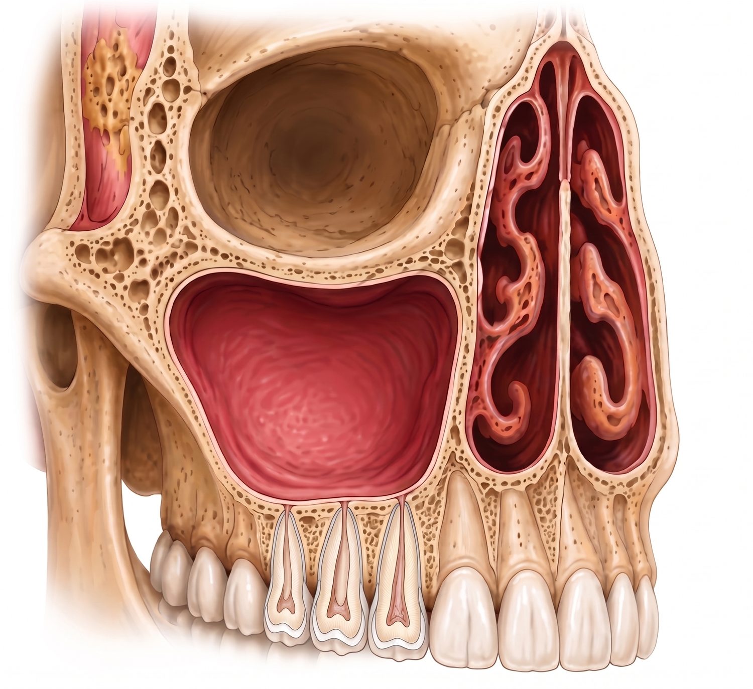 Corte frontal mostrando o seio maxilar acima das raízes dos dentes de cima, separados por uma lâmina fina de osso.