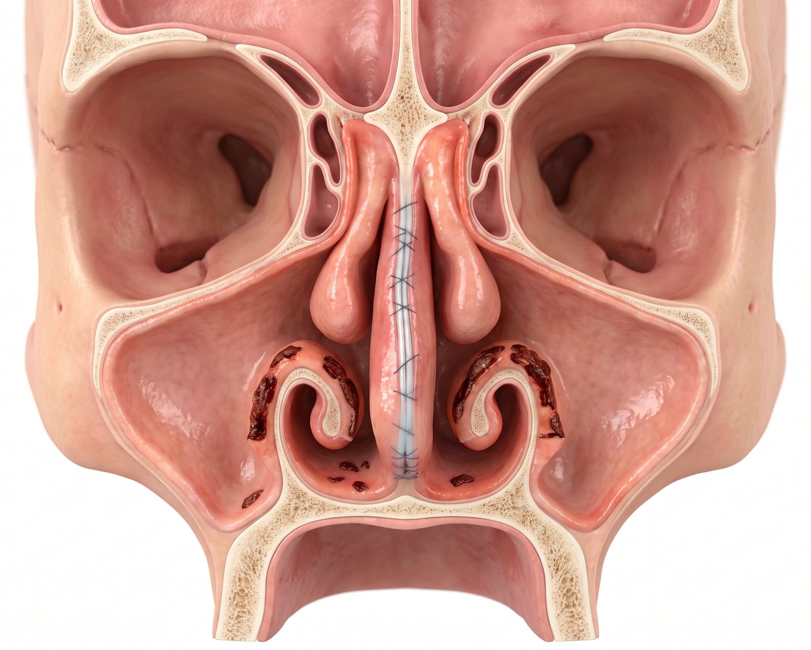 Corte frontal do nariz duas semanas após a cirurgia de septo e cornetos, com o septo reto e crostas escuras nas bordas operadas