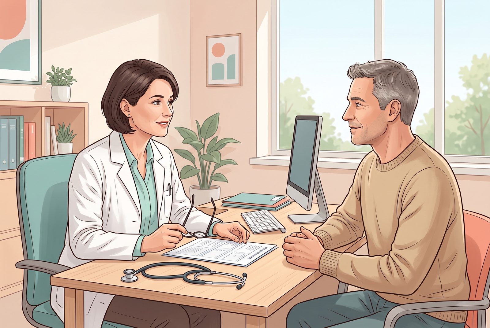 Médica conversando com um paciente adulto no consultório, revisando um resultado de exame