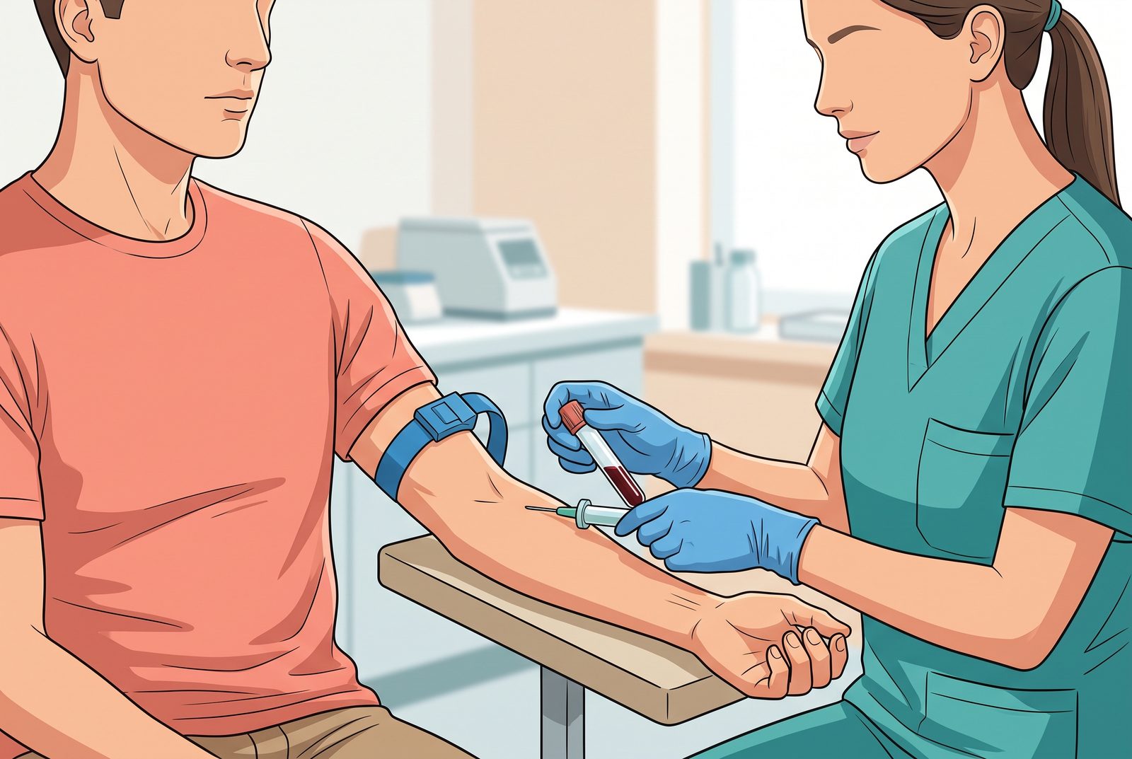 Profissional de saúde com luvas coletando sangue do braço de um paciente sentado, com garrote no antebraço