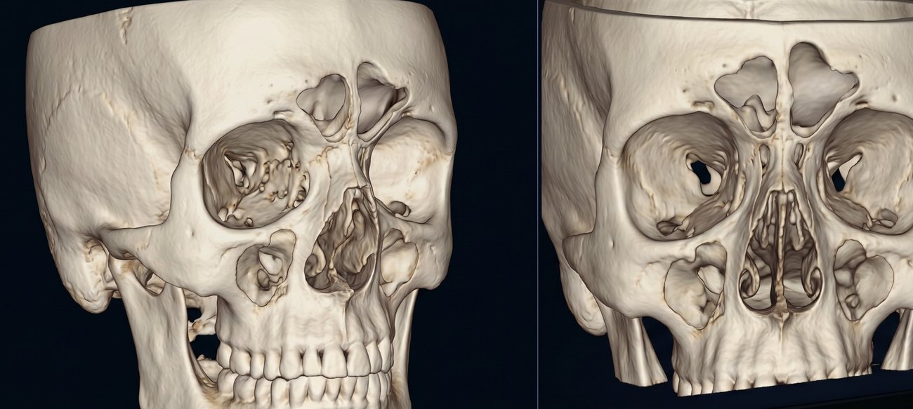 Reconstrução 3D em tomografia computadorizada mostrando os seios da face e a cavidade nasal